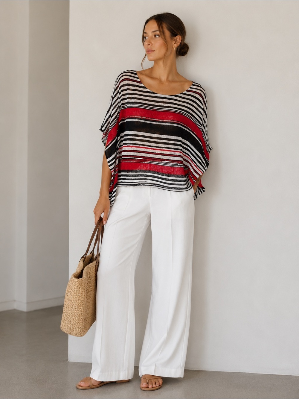 Chico's Semi Sheer Striped Coastal Poncho Top Large/XL Casual Preppy Chic